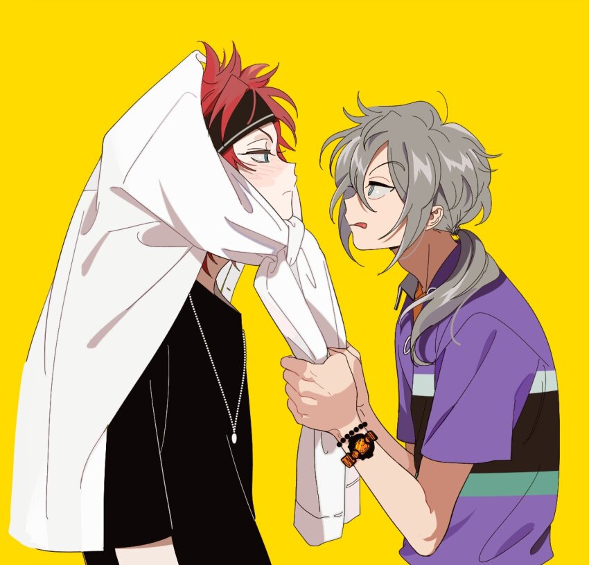 2boys, :q, amagi_rinne, closed_mouth, ensemble_stars!, hair_over_shoulder, half-closed_eyes, hands_up