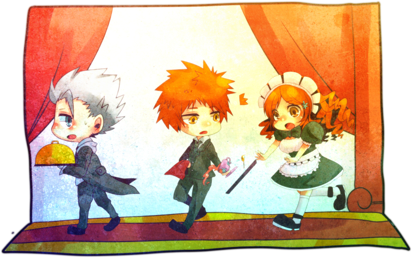 bleach, chibi, couple, highres, hitsugaya_toushirou, inoue_orihime, kurosaki_ichigo, maid