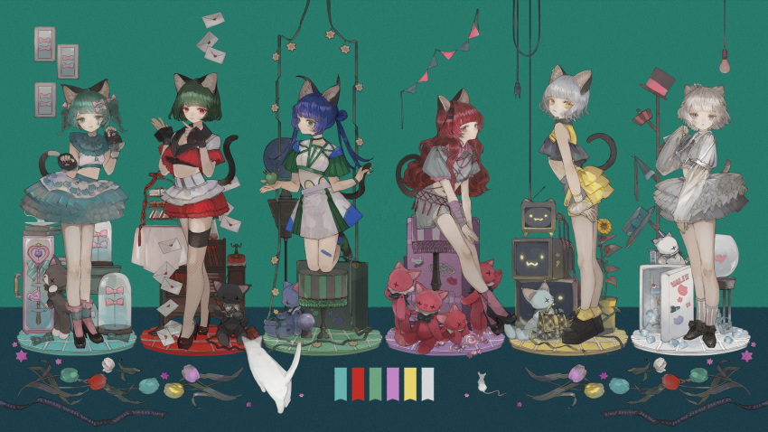 6+girls, animal, animal_ear_fluff, animal_ears, aqua_background, aqua_eyes, aqua_hair, black_footwear