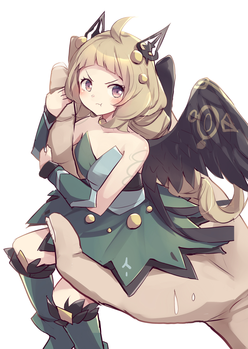 1girl, 1other, absurdres, ahoge, black_wings, blonde_hair, dress, duel_monster
