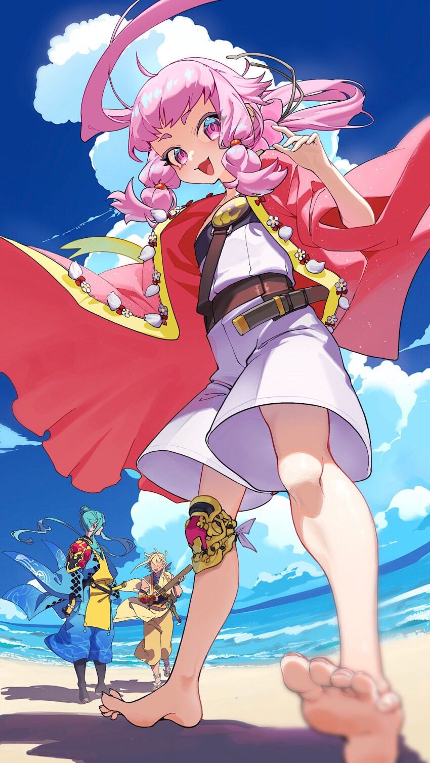 1girl, 2boys, :3, barefoot, beach, blue_sky, blurry, chatan_nakiri_(touken_ranbu)