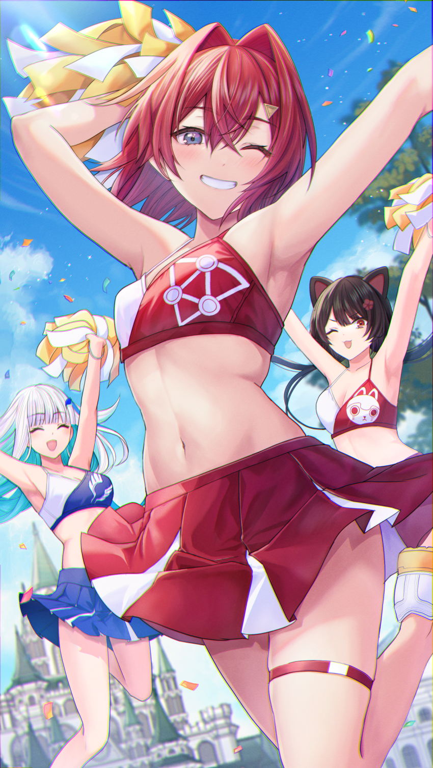 3girls, ange_katrina, animal_ears, arm_behind_head, armpits, arms_up, asymmetrical_clothes, blue_bra