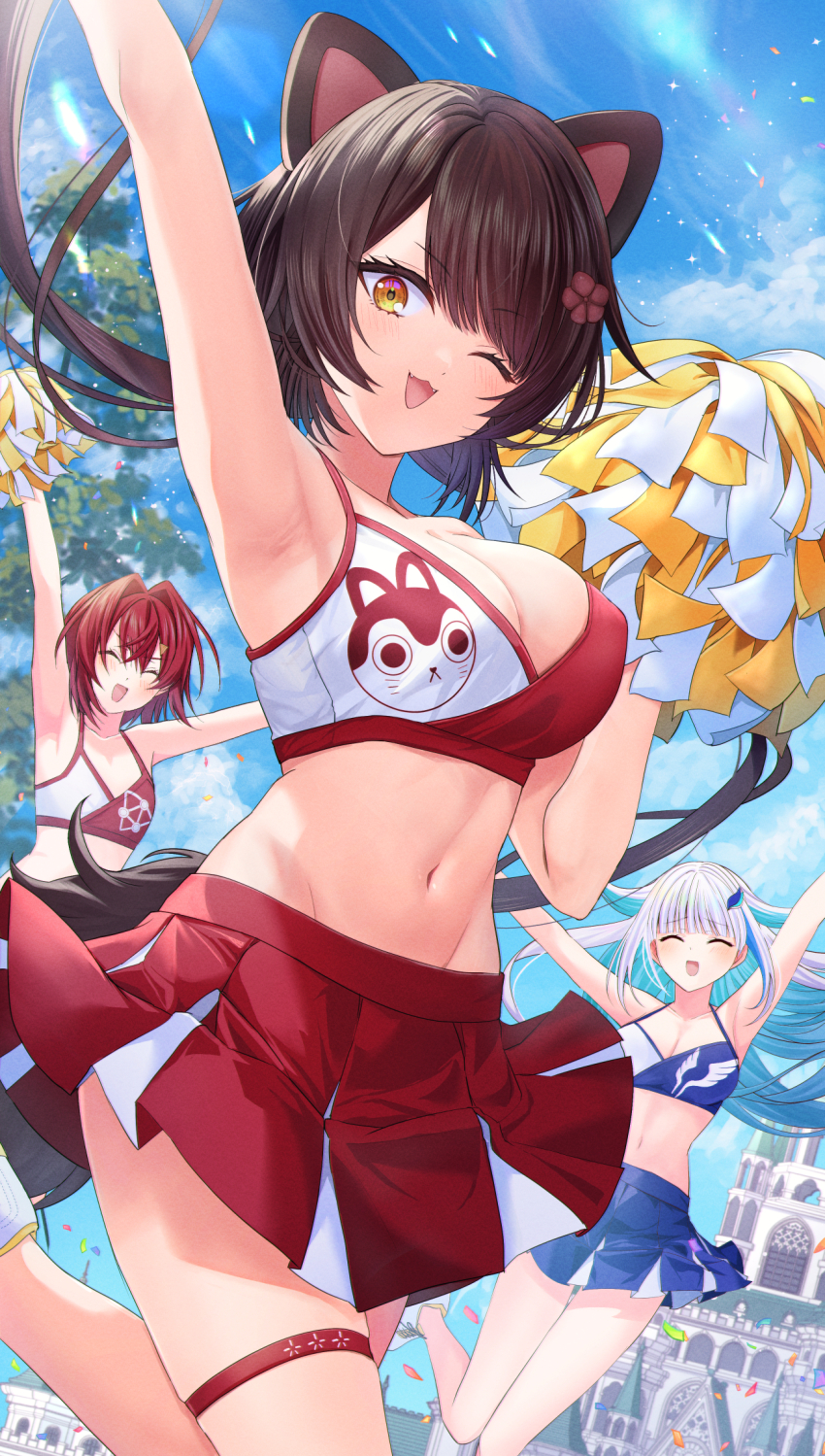 3girls, ange_katrina, animal_ears, armpits, arms_up, asymmetrical_clothes, blue_bra, blue_hair