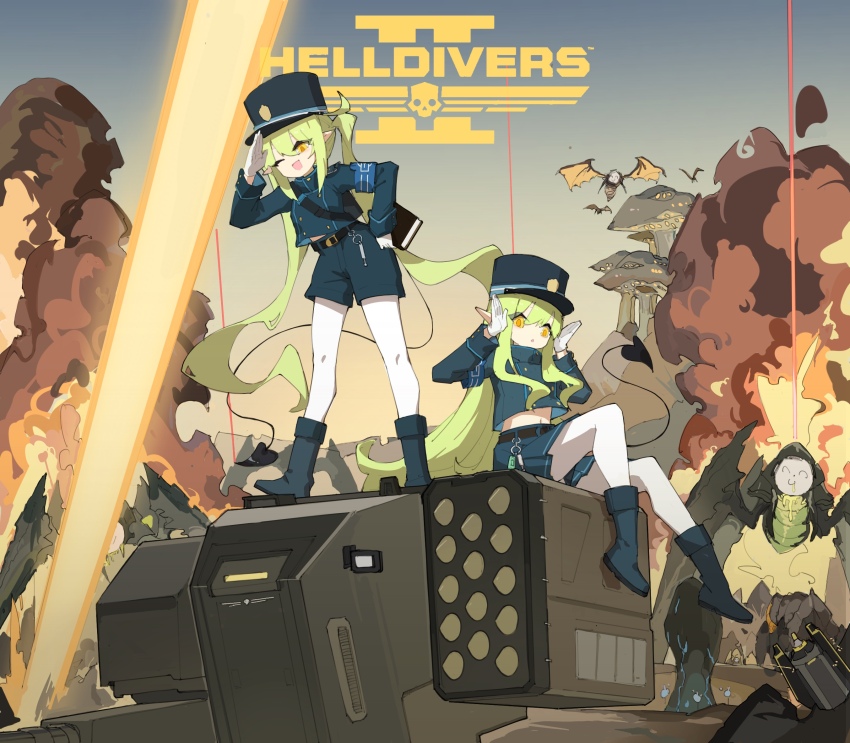2girls, ;d, alien, armband, backpack, bag, belt, black_belt, black_sash, blue_archive, blue_footwear, blue_shorts, blue_skirt, book, boots, clear_sky, creature_request, crime_prevention_buzzer, crossover, demon_tail, doodle_sensei_(blue_archive), drooling, fire, flying, frider, giant_mushroom, gloves, green_hair, hand_on_own_hip, hands_up, hat, helldivers_(series), highres, hikari_(blue_archive), holding, holding_book, keyring, laser, logo, long_hair, mecha, midriff, midriff_peek, missile_pod, multiple_girls, mushroom, nozomi_(blue_archive), one_eye_closed, open_mouth, outdoors, pantyhose, peaked_cap, pleated_skirt, pointy_ears, robot, salute, sash, sensei_(blue_archive), shorts, sitting, sitting_on_vehicle, skirt, sky, smile, standing, standing_on_vehicle, tail, twintails, uniform, white_gloves, white_pantyhose, wings, yellow_eyes