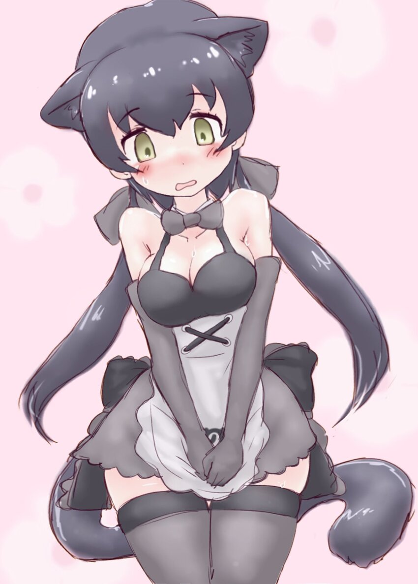 1girl, adapted_costume, alternate_costume, animal_ears, apron, back_bow, bare_shoulders, black_bow