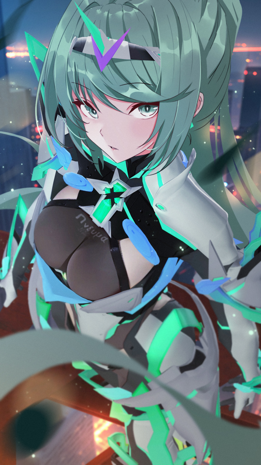 breasts, green_eyes, green_hair, highres, large_breasts, long_hair, pneuma_(xenoblade), ponytail