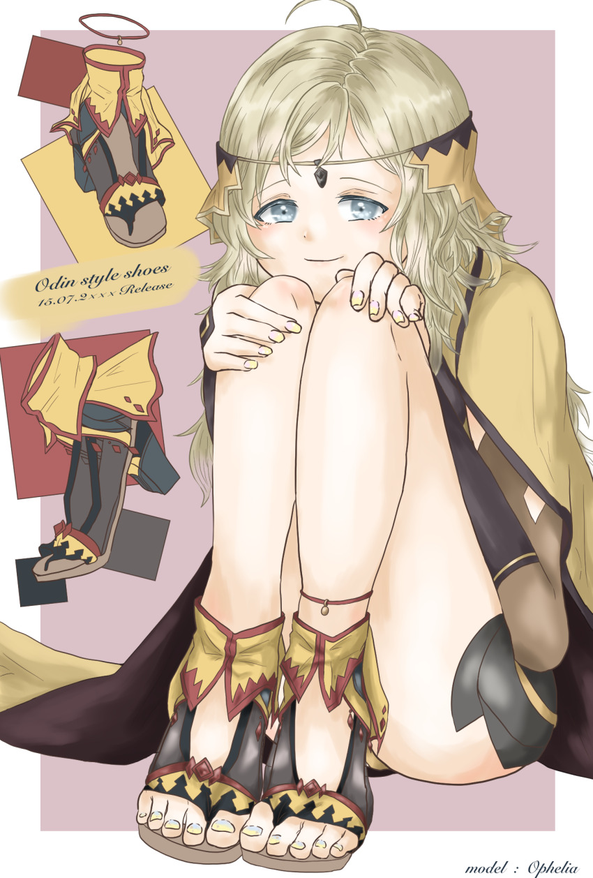 1girl, ahoge, blonde_hair, circlet, fire_emblem, fire_emblem_fates, gold_cape, grey_eyes, highres, long_hair, looking_at_viewer, nintendo, ophelia_(fire_emblem), panties, sifil_amfr, solo, swept_bangs, toeless_footwear, underwear, yellow_panties