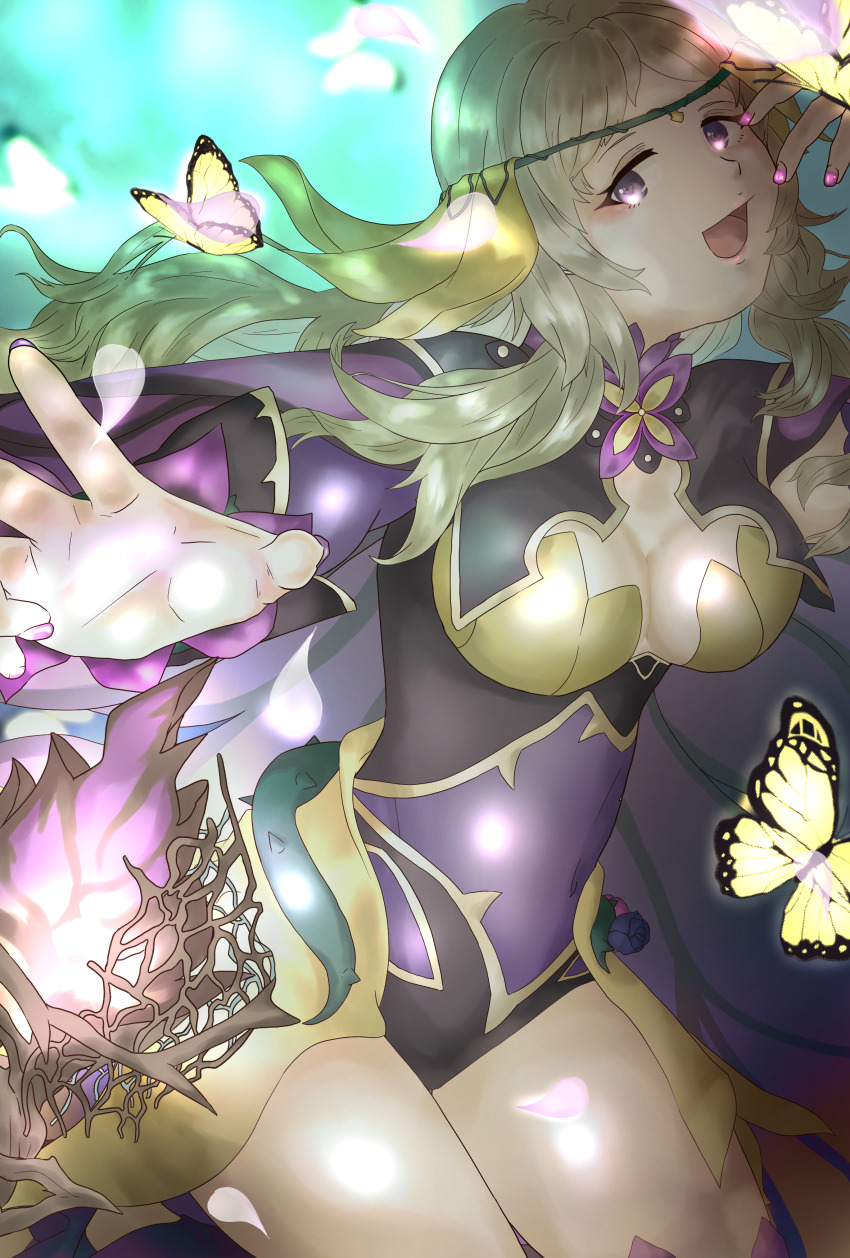 1girl, absurdres, ahoge, blonde_hair, bodystocking, breasts, bug, butterfly, circlet, covered_navel, fire_emblem, fire_emblem_fates, fire_emblem_heroes, grey_eyes, highres, insect, leotard, long_hair, looking_at_viewer, medium_breasts, nail_polish, nintendo, official_alternate_costume, open_mouth, ophelia_(fire_emblem), ophelia_(resplendent)_(fire_emblem), plant, purple_nails, sifil_amfr, vines, wing_cape