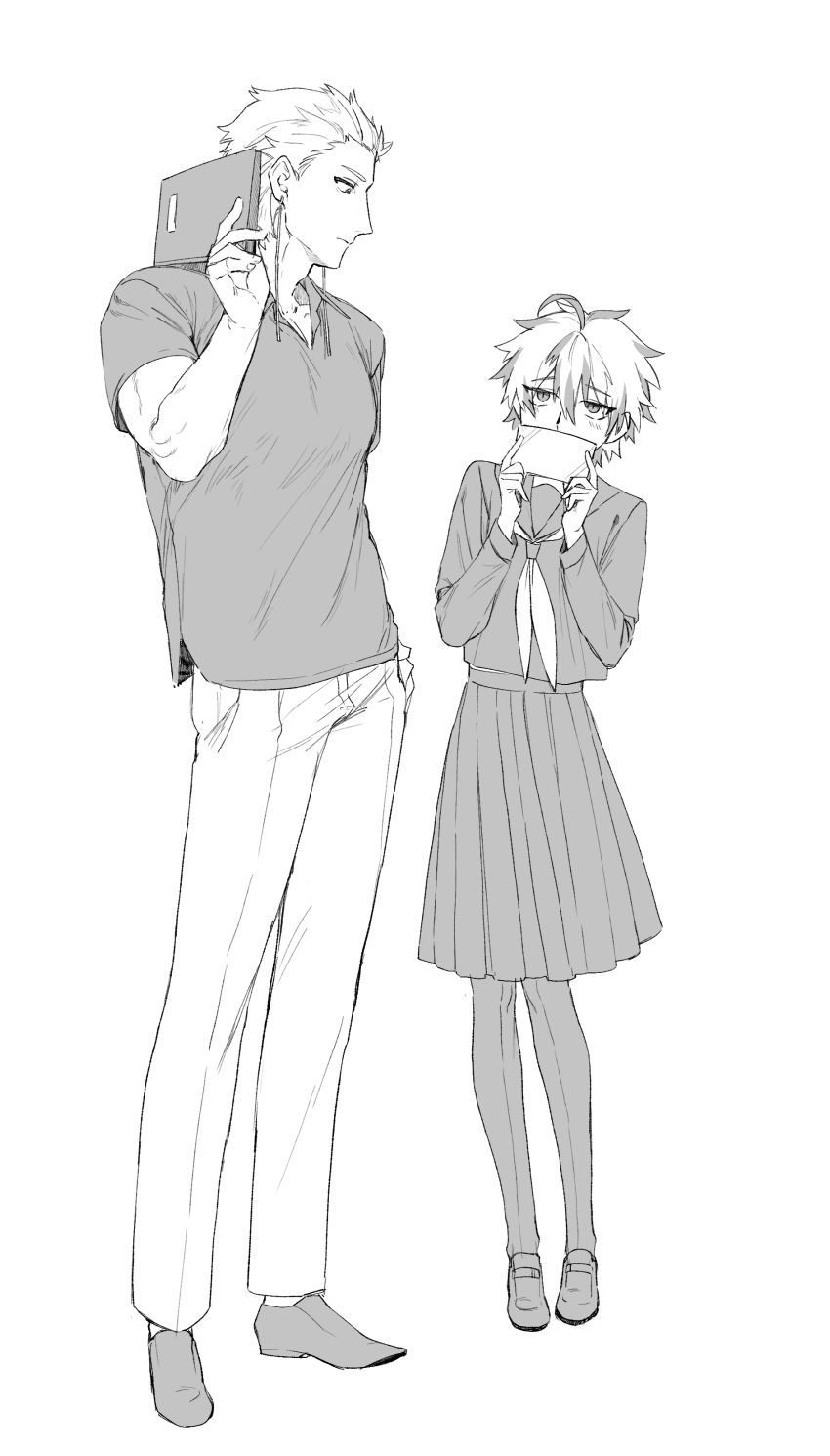 2boys, absurdres, ahoge, alternate_costume, book, closed_mouth, collared_shirt, commentary_request, crossdressing, crossdressing_(mtf), earrings, greyscale, height_difference, highres, holding, holding_book, hunyangzi, jewelry, korean_commentary, long_sleeves, male_focus, monochrome, multiple_boys, neckerchief, pants, pantyhose, pleated_skirt, rumeld_othmayer, saibou_shinkyoku, sailor_collar, sailor_shirt, school_uniform, serafuku, shirt, short_hair, simple_background, skirt, theodore_riddle, trap, white_background