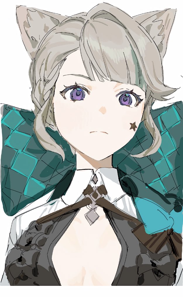 1girl, 42u16, animal_ears, black_leotard, blunt_bangs, bow, breasts, cat_ears