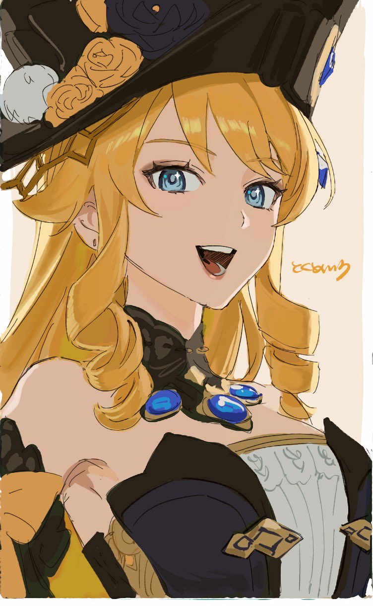 1girl, 42u16, armpits, bare_shoulders, black_hat, blonde_hair, blue_eyes, blue_gem