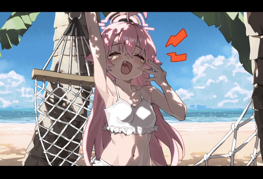 1girl, absurdres, ahoge, arm_up, armpits, beach, bikini, blue_archive, blue_sky, breasts, chinese_commentary, closed_eyes, cloud, commentary_request, day, facing_viewer, halo, hammock, hand_up, highres, hoshino_(blue_archive), hoshino_(swimsuit)_(blue_archive), long_hair, nainainainainaiya, navel, ocean, official_alternate_costume, open_mouth, outdoors, palm_tree, pink_hair, pink_halo, sky, small_breasts, solo, swimsuit, tears, tree, white_bikini
