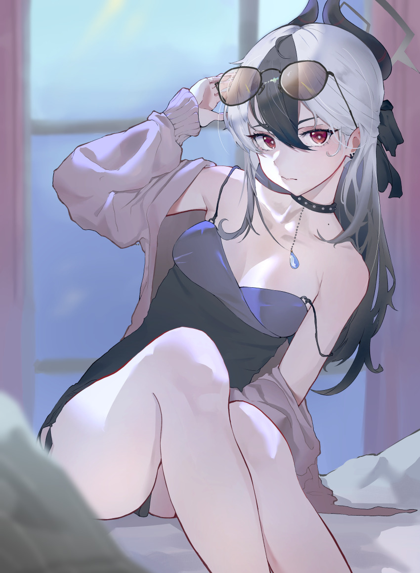 1girl, absurdres, black_choker, black_dress, black_hair, black_horns, blue_archive, breasts