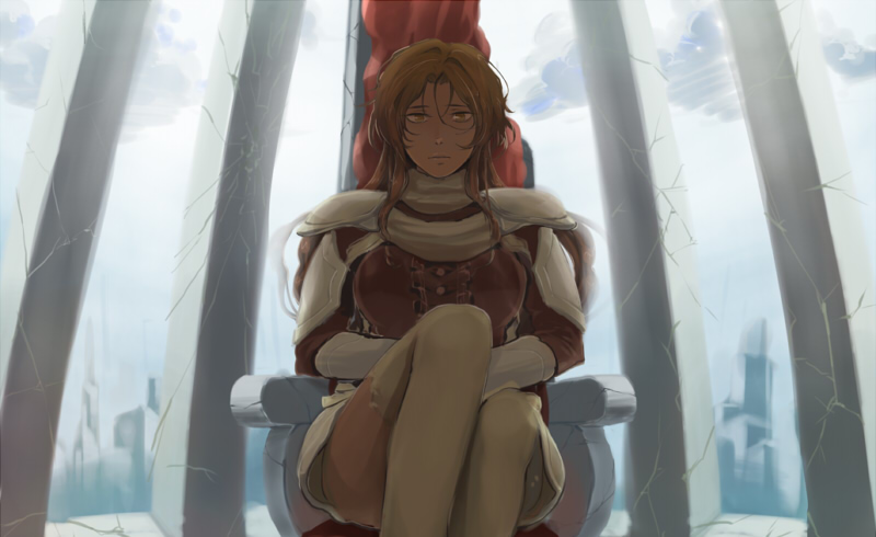 1girl, armor, chair, female_focus, hokuto_no_ken, long_hair, matching_hair/eyes, orange_eyes