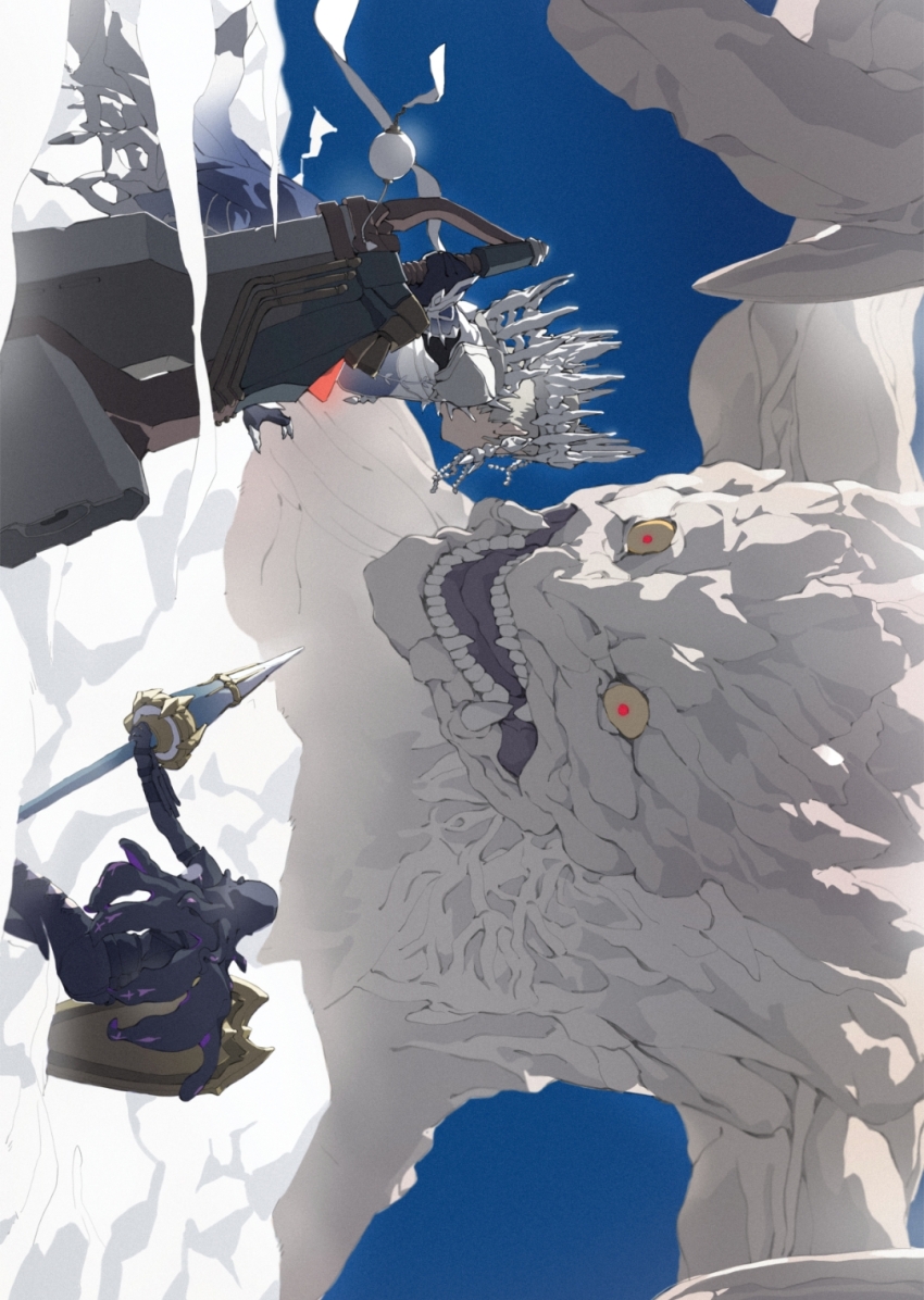 1girl, 1other, chinese_commentary, commentary_request, crown, exif_rotation, facing_away, grey_hair