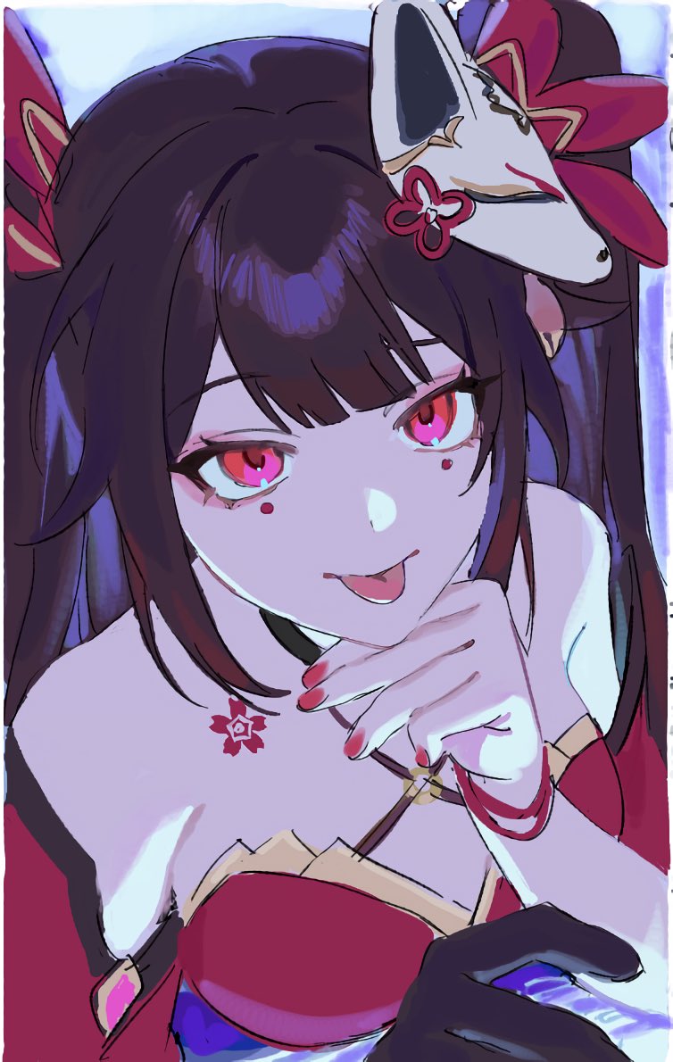 1girl, 42u16, black_choker, black_hair, breasts, choker, criss-cross_halter, detached_sleeves