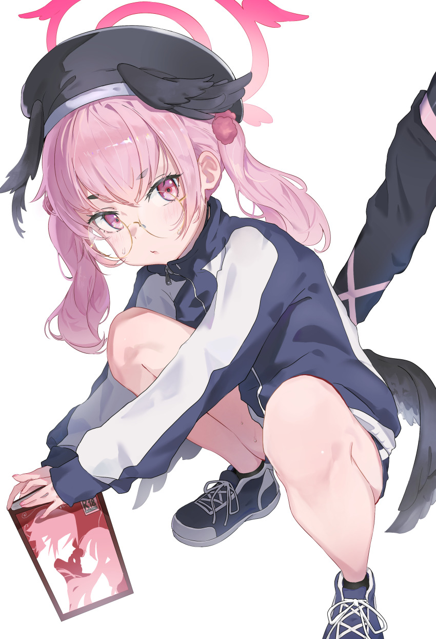 1girl, absurdres, black_socks, blue_archive, blue_jacket, blue_shorts, commentary, glasses