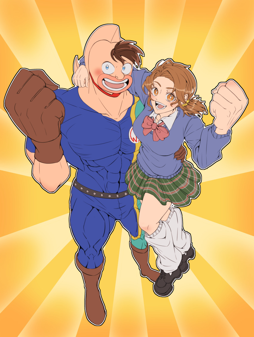 1boy, 1girl, abs, absurdres, artist_request, blue_sweater, blush, breasts