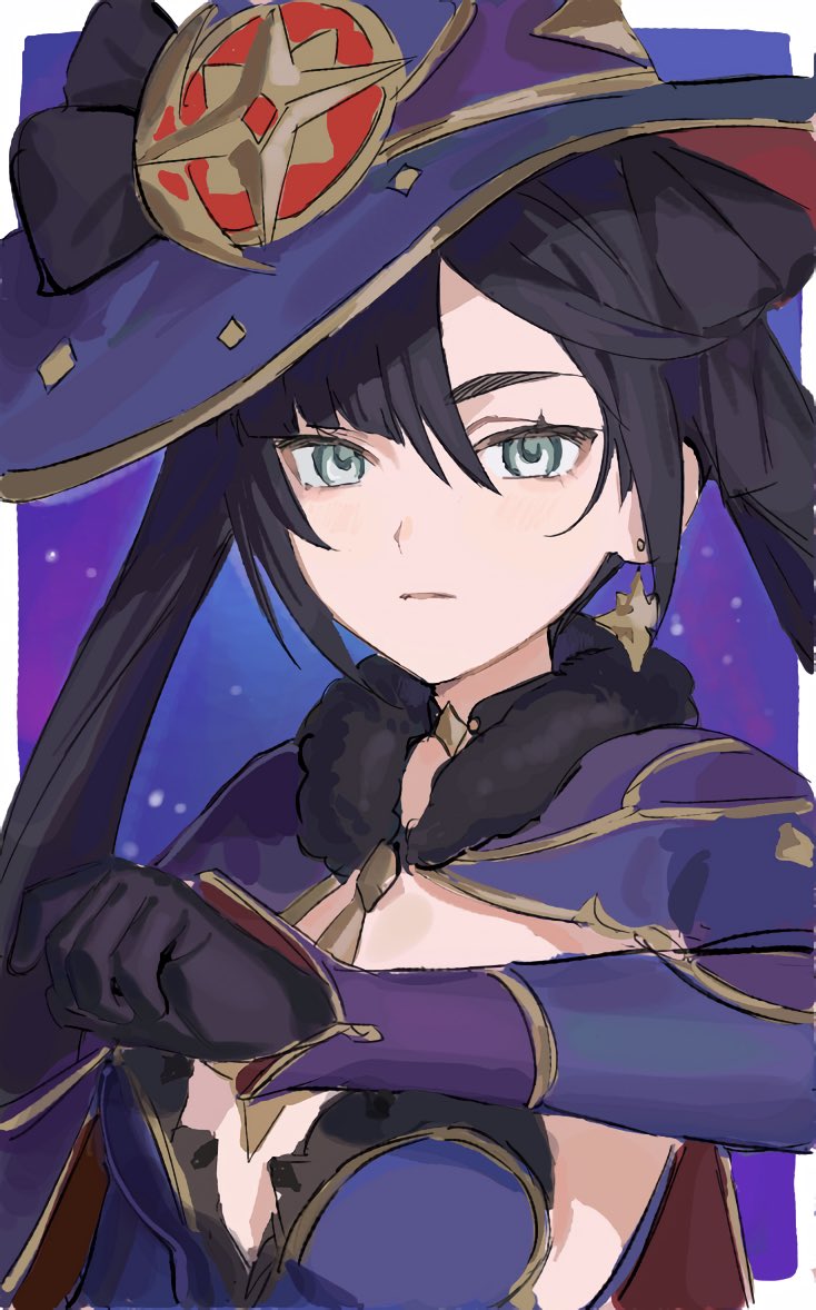 1girl, 42u16, black_choker, black_gloves, black_hair, black_ribbon, blue_eyes, breasts, cape, choker, closed_mouth, detached_sleeves, earrings, genshin_impact, gloves, hair_between_eyes, hair_ribbon, hat, jewelry, leotard, long_hair, looking_at_viewer, mona_(genshin_impact), ribbon, solo, twintails, very_long_hair, witch_hat