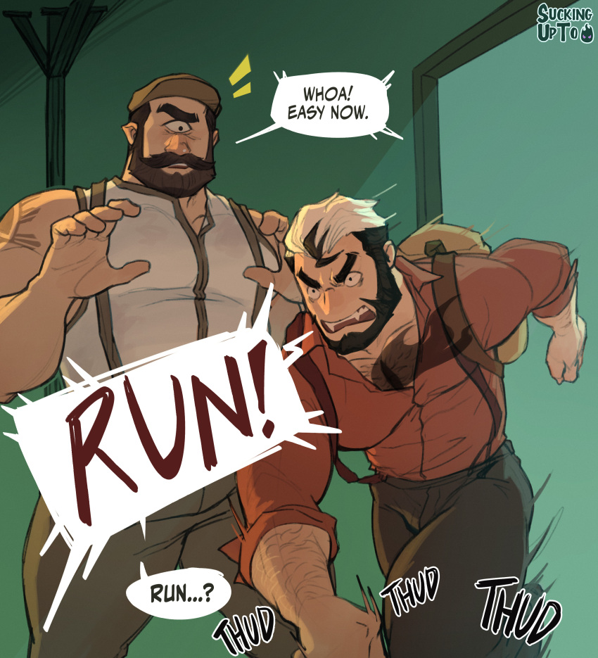 2boys, absurdres, arm_tattoo, black_hair, brown_hair, cyclops, deep_wound, english_text