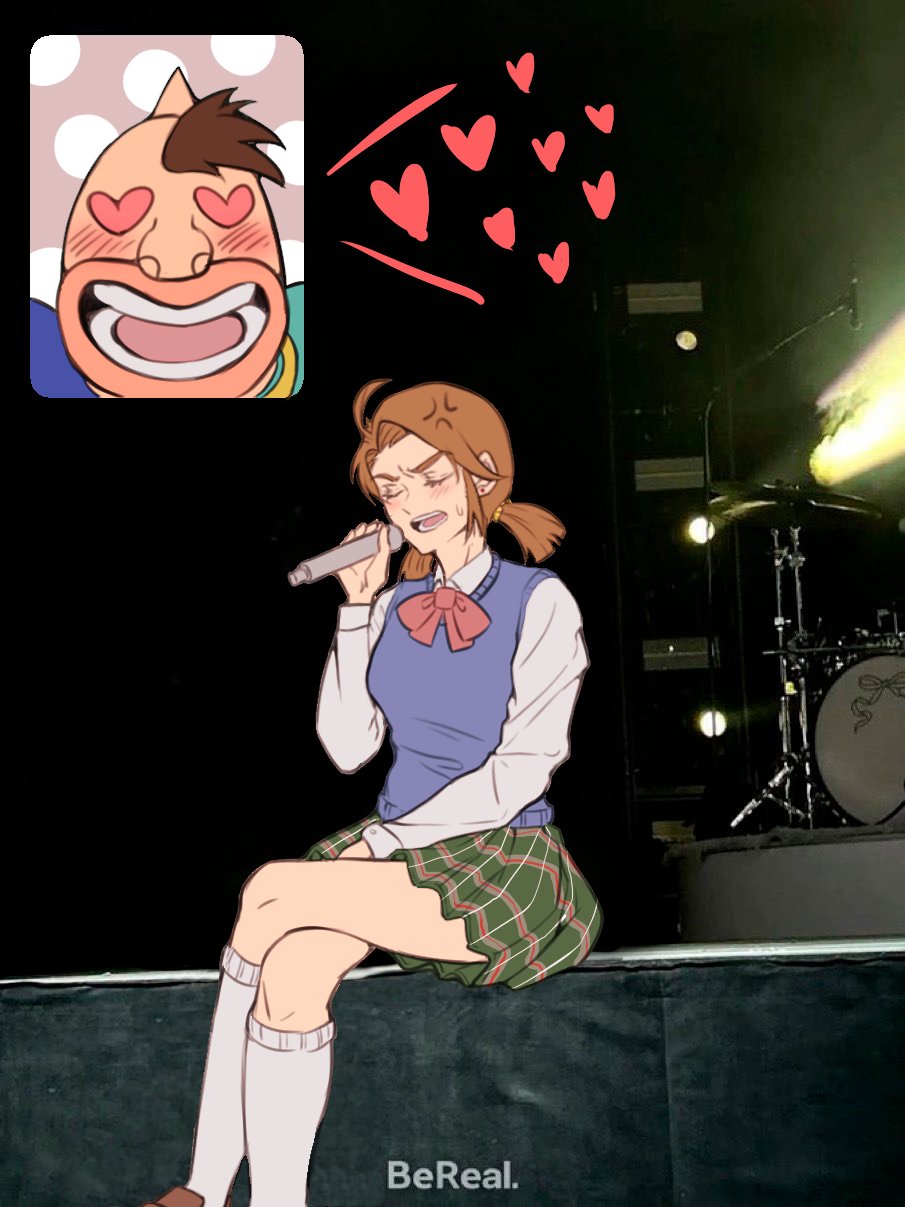 1boy, 1girl, artist_request, blue_sweater, blush, breasts, brown_hair, clenched_hand, crossed_legs, disgust, embarrassed, fan_screaming_at_madison_beer_(meme), happy, heart, heart-shaped_pupils, hetero, highres, kinniku_mantarou, kinnikuman, looking_at_another, looking_at_viewer, low_twintails, meme, music, neck_ribbon, nikaidou_rinko_(kinnikuman), open_mouth, plaid_clothes, plaid_skirt, pleated_skirt, ribbon, school_uniform, shirt, shoes, singing, sitting, skirt, smile, socks, sweater, symbol-shaped_pupils, twintails, ultimate_muscle