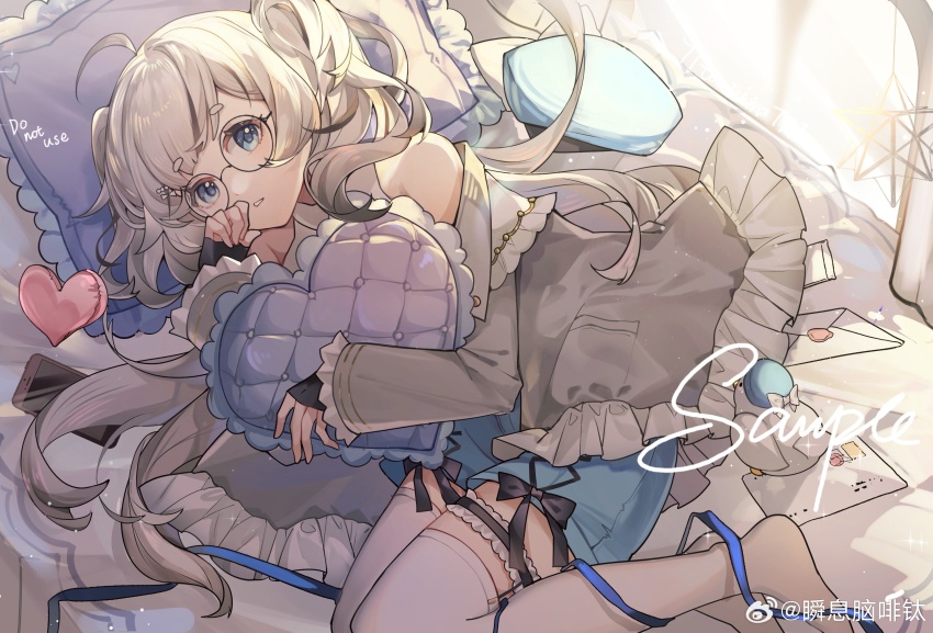 1girl, absurdres, bare_shoulders, beret, black_ribbon, blue_eyes, blue_hat, blue_shorts, butter_gugu, cellphone, coat, commission, envelope, frilled_coat, frilled_thigh_strap, frills, full_body, glasses, grey_coat, hands_up, hat, heart, heart-shaped_pillow, highres, hugging_object, indie_virtual_youtuber, indoors, long_hair, long_sleeves, looking_at_viewer, lying, no_shoes, off_shoulder, official_art, on_bed, on_side, parted_lips, phone, pillow, ribbon, round_eyewear, sample_watermark, shirt, short_shorts, shorts, shorts_ribbon, sidelighting, sleeveless, sleeveless_shirt, smartphone, solo, stellated_octahedron, thigh_strap, thighhighs, titaniumtai, two_side_up, unworn_hat, unworn_headwear, very_long_hair, virtual_youtuber, watermark, weibo_watermark, white_hair, white_shirt, white_thighhighs