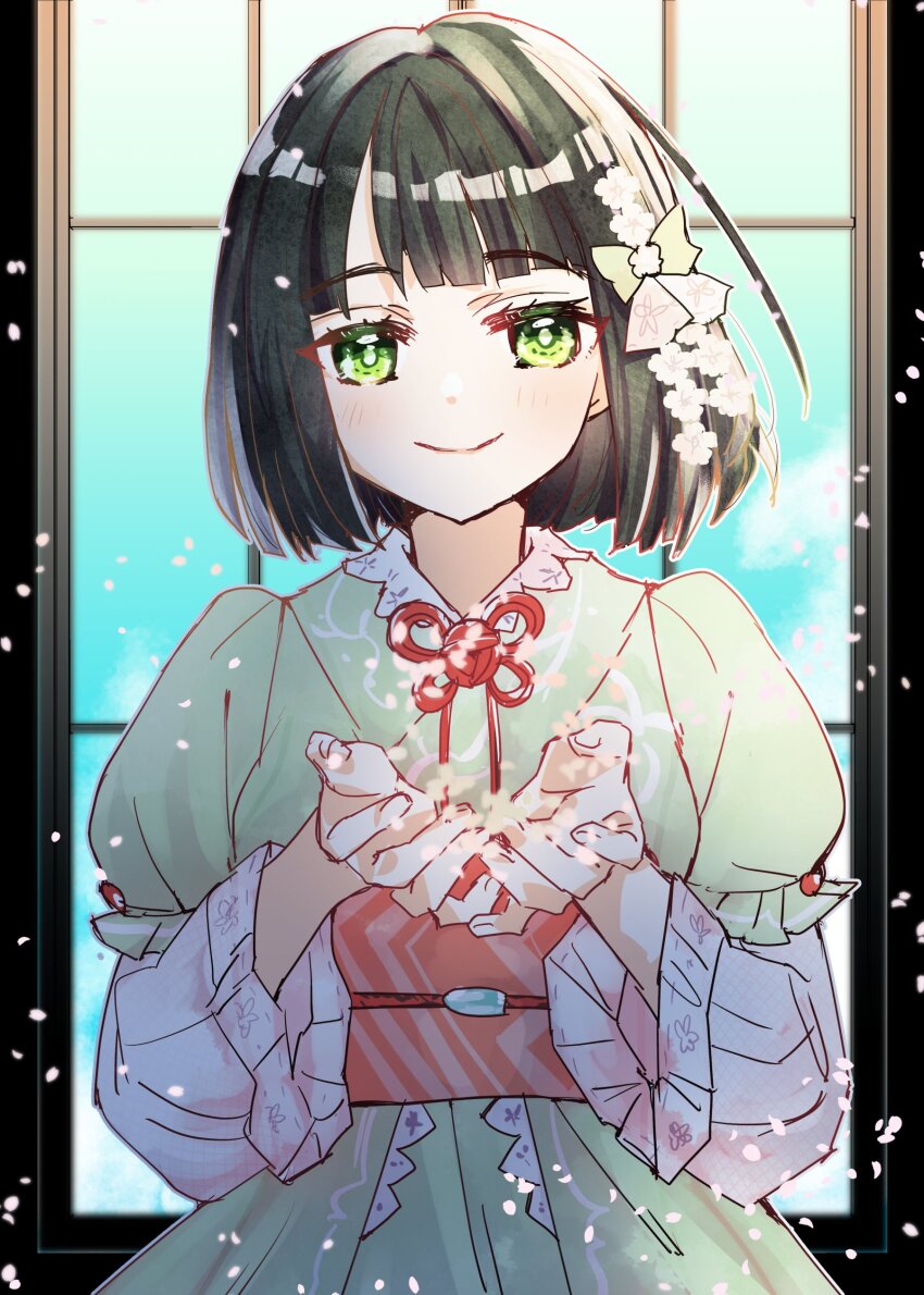 1girl, absurdres, aoku_haruka, black_hair, blue_sky, blunt_bangs, blunt_ends, bob_cut