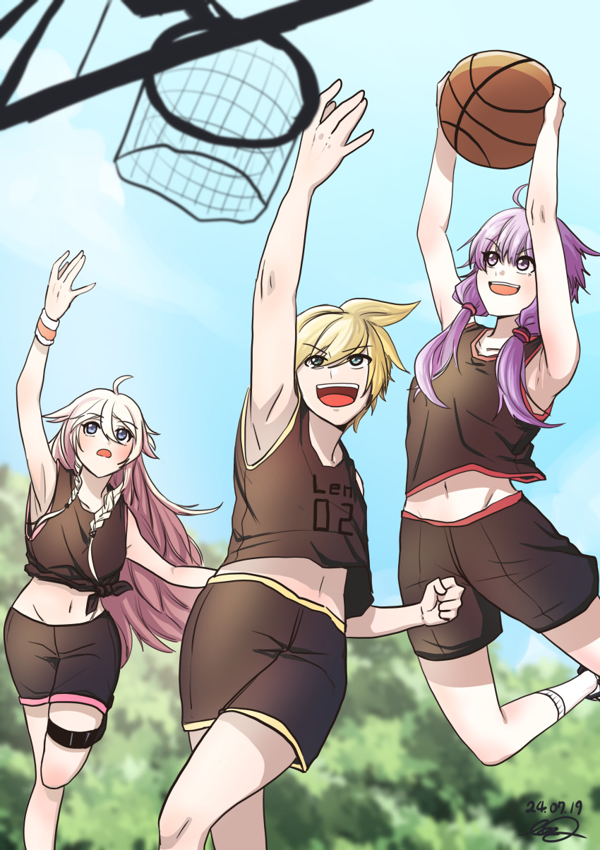 1boy, 2girls, absurdres, ahoge, baeori_(titioo770801), ball, basketball, basketball_(object), basketball_hoop, basketball_uniform, black_shorts, blonde_hair, blue_eyes, dated, green_eyes, highres, holding, holding_ball, ia_(vocaloid), jumping, kagamine_len, midriff, multiple_girls, navel, open_mouth, outdoors, playing_sports, purple_hair, shirt_writing, shorts, sleeveless, sportswear, vocaloid, white_hair, yuzuki_yukari