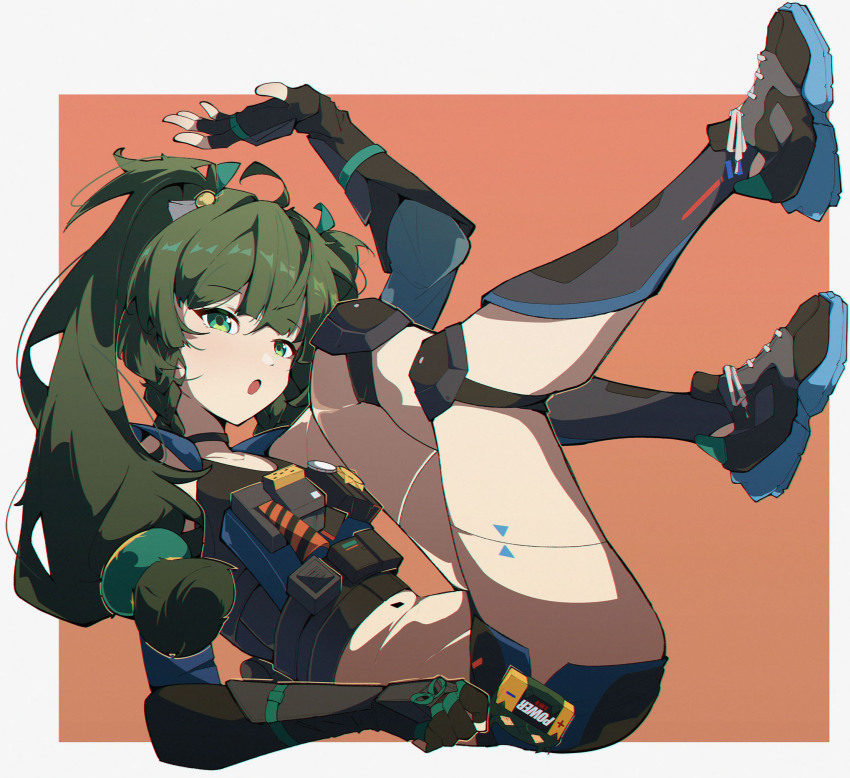 1girl, :o, android, arm_up, battery, black_choker, black_gloves, black_shoes, border, choker, commentary, english_commentary, fingerless_gloves, full_body, gloves, green_eyes, green_hair, grey_border, hair_ornament, highres, knee_pads, legs_up, long_hair, looking_at_viewer, lying, midriff, on_back, open_mouth, orange_background, outside_border, police, police_uniform, postalworks, qingyi_(zenless_zone_zero), robot_girl, shirt, shoes, shorts, simple_background, sleeveless, sleeveless_shirt, solo, sphere_hair_ornament, twintails, zenless_zone_zero