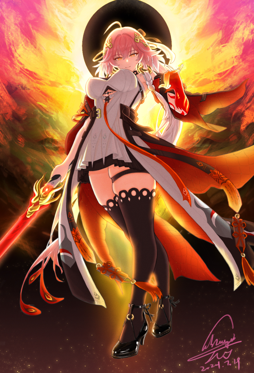 1girl, 2024, ahoge, bare_shoulders, black_bow, black_footwear, black_jacket, black_sleeves