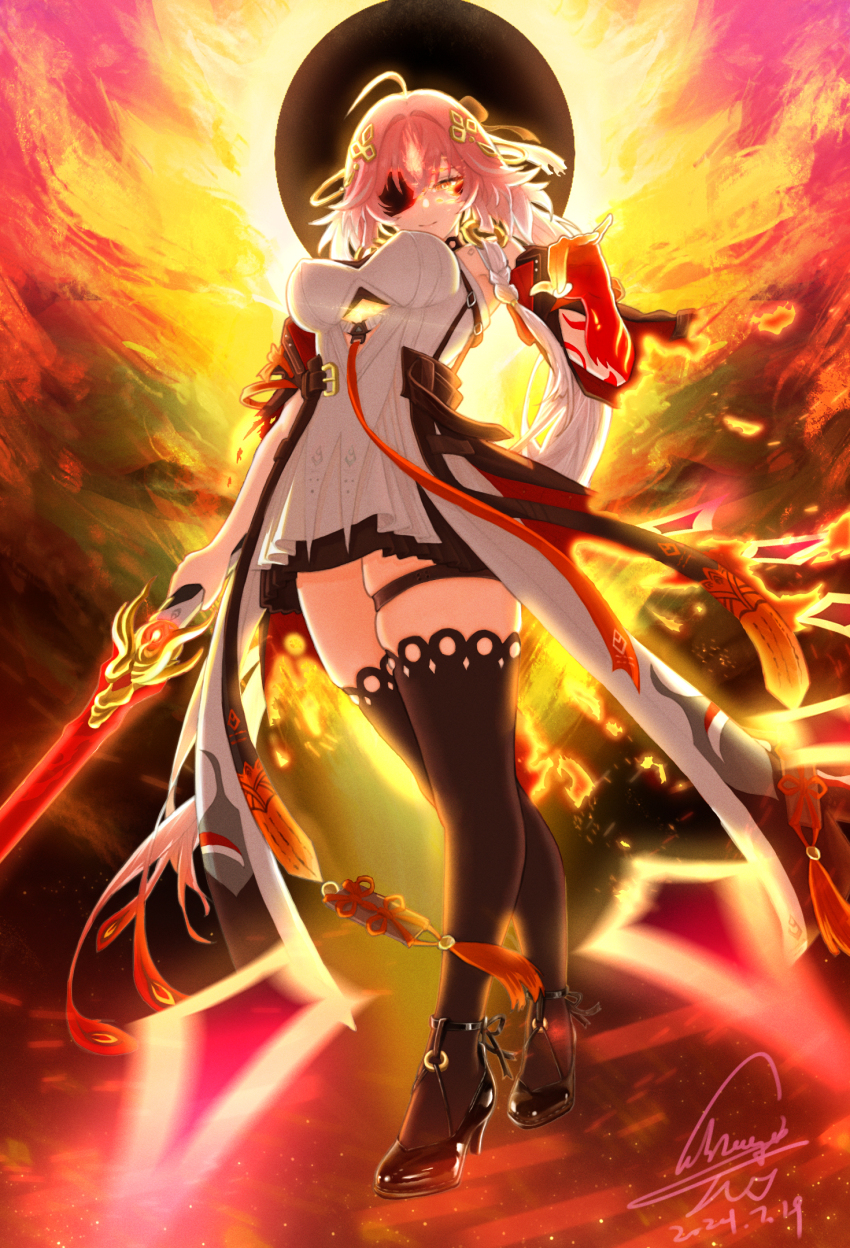 1girl, 2024, ahoge, bare_shoulders, black_bow, black_footwear, black_jacket, black_sleeves