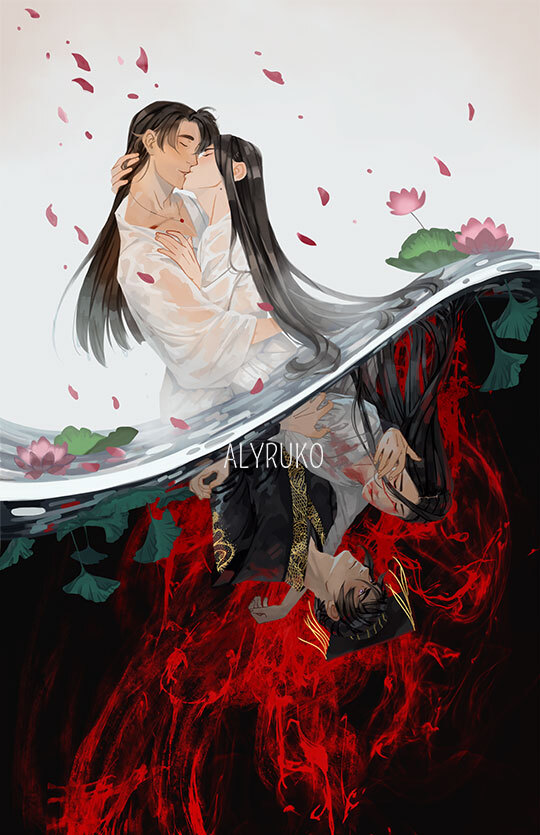 2boys, alyruko, artist_name, bishounen, black_background, black_eyes, black_hair, black_hanfu, blood, blood_on_clothes, blood_on_face, chinese_clothes, chu_wanning, closed_eyes, closed_mouth, erha_he_ta_de_bai_mao_shizun, flower, frown, guan_hat, hand_in_another's_hair, hand_on_another's_back, hand_on_another's_face, hand_on_another's_neck, hanfu, hat, jewelry, kiss, long_hair, long_sleeves, looking_at_another, lotus, lotus_leaf, male_focus, mian_guan, mo_ran, multiple_boys, multiple_views, necklace, outdoors, petals, pink_flower, red_petals, robe, shirt, short_hair, smile, split_theme, taxian-jun, upside-down, very_long_hair, water, wet, wet_clothes, wet_shirt, white_background, white_hanfu, white_robe, white_shirt, yaoi