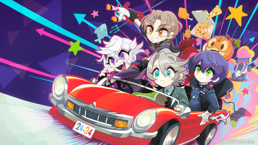 4boys, bandaged_hand, bandages, car, cheese, cheese_trail, controller, driving, fingerless_gloves, food, fuwa_minato, game_controller, gashi-gashi, gloves, highres, holding, holding_toy, jack-o'-lantern, kagami_hayato, kaida_haru, kenmochi_touya, license_plate, male_focus, motor_vehicle, multiple_boys, nijisanji, official_art, on_car, open_mouth, pizza, pizza_box, pizza_slice, rof-mao, smile, taiyaki, tamiya, toy, vehicle_request, virtual_youtuber, wagashi
