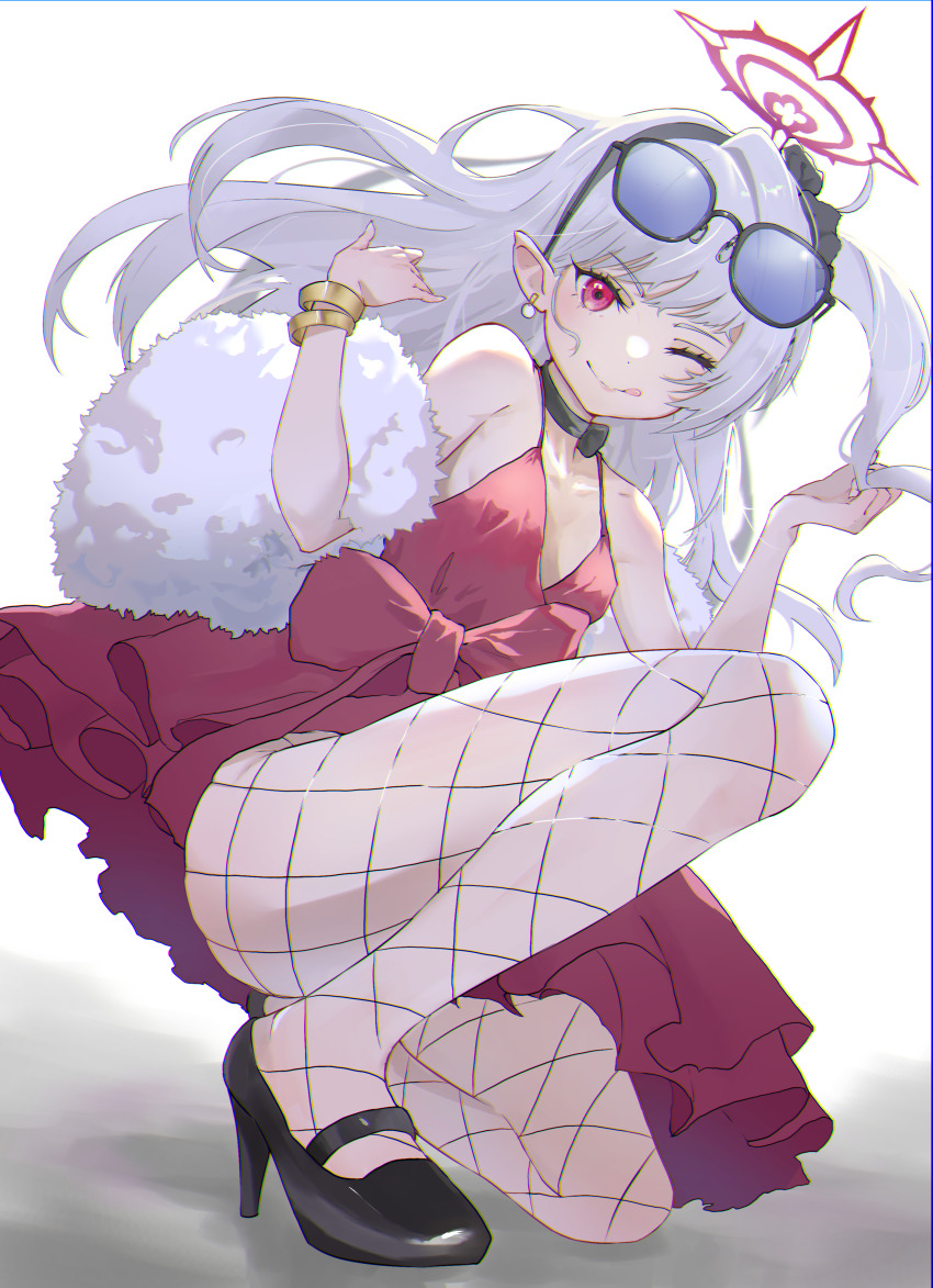 1girl, :q, absurdres, black_footwear, blue-tinted_eyewear, blue_archive, bracelet, breasts