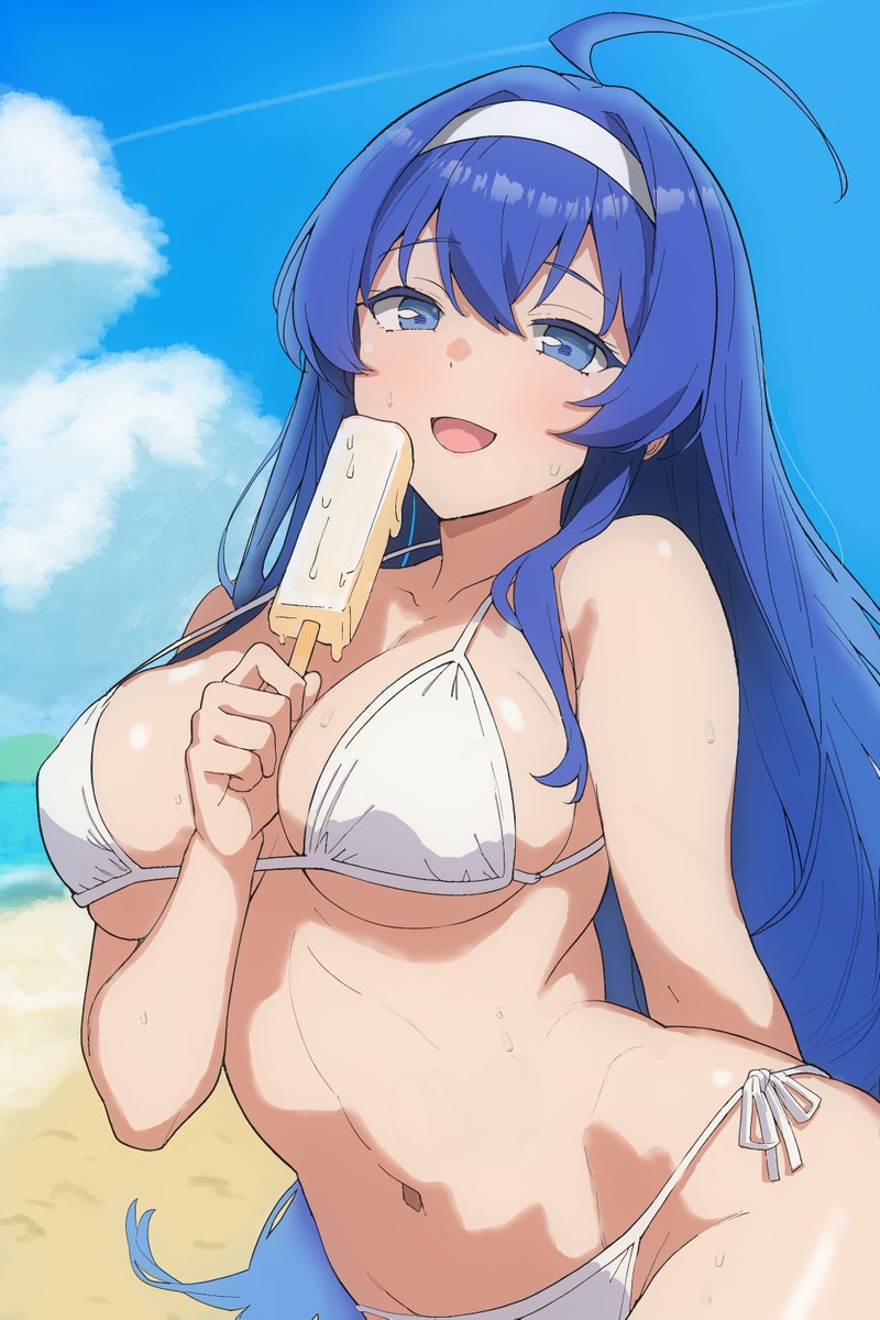 1girl, ahoge, alternate_costume, ballardiae1007, bikini, blue_eyes, blue_hair, blue_sky