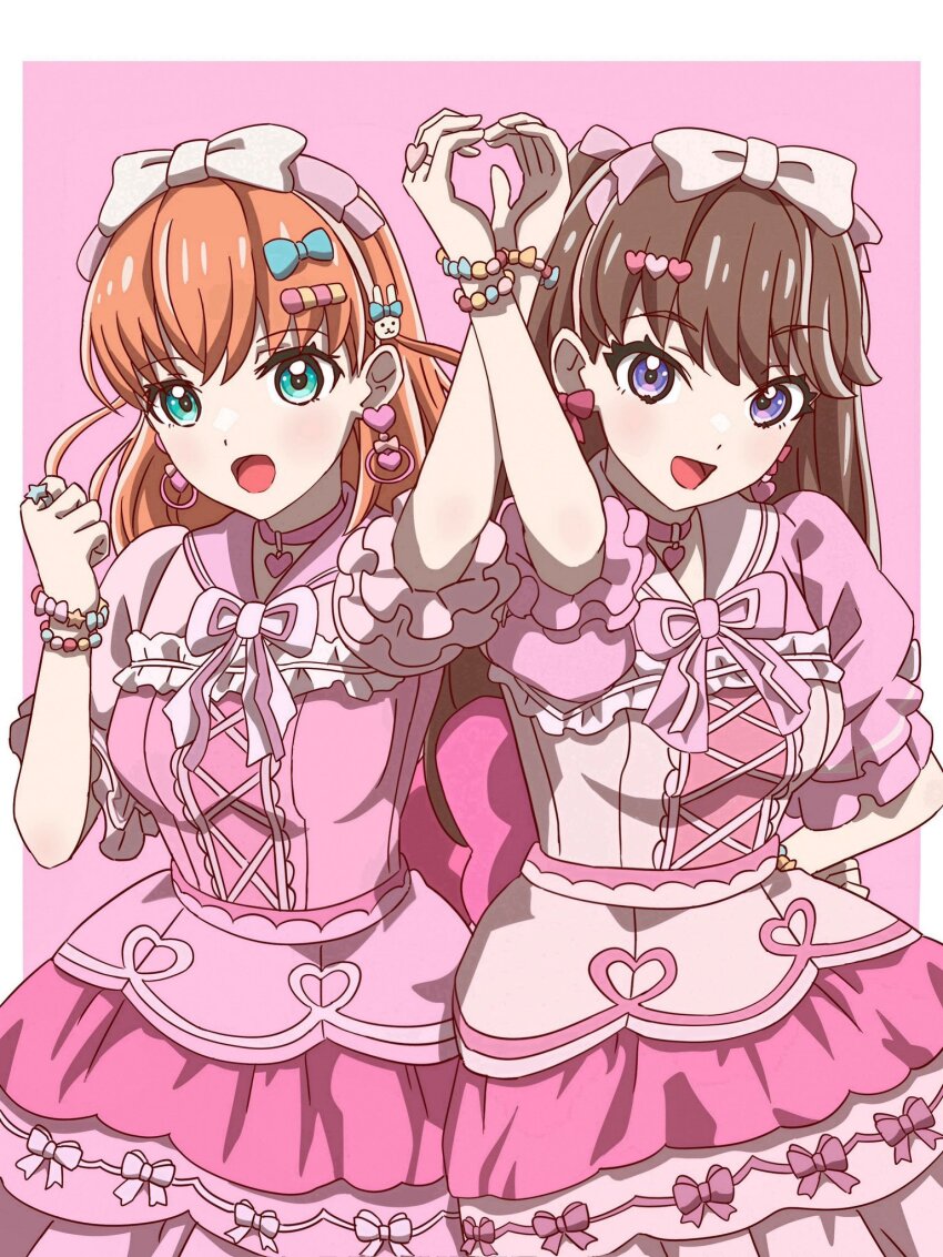 2girls, :d, aqua_eyes, arm_up, back_bow, bead_bracelet, beads, blue_bow