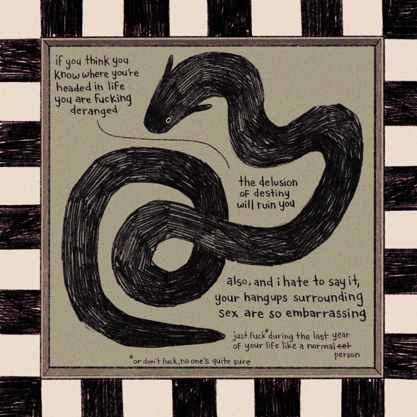 animal, animal_focus, black_border, black_skin, border, colored_skin, commentary, eel, english_commentary, english_text, film_grain, footnote, googly_eyes, green_background, grey_border, hatching_(texture), highres, inset_border, looking_at_viewer, monochrome, muted_color, no_humans, original, pool, poolside, quezify, striped_border, text_focus, water, white_border, white_eyes