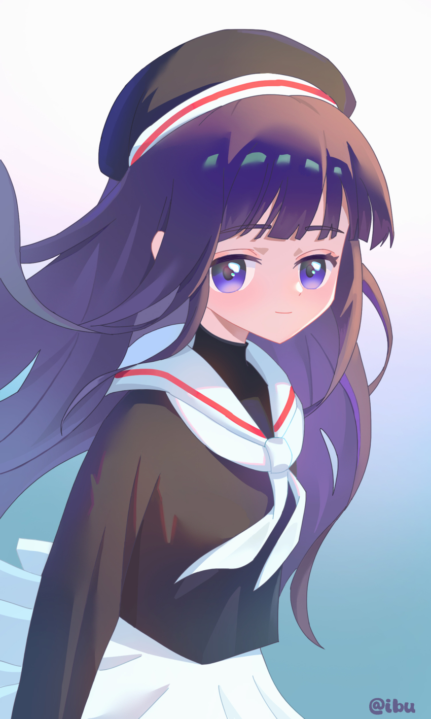 1girl, absurdres, beret, blunt_bangs, cardcaptor_sakura, daidouji_tomoyo, gradient_background, hat