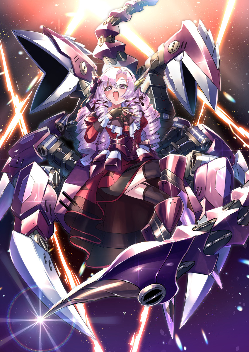 1girl, black_gloves, black_thighhighs, blush, crossed_legs, dress, drill_hair, full_body