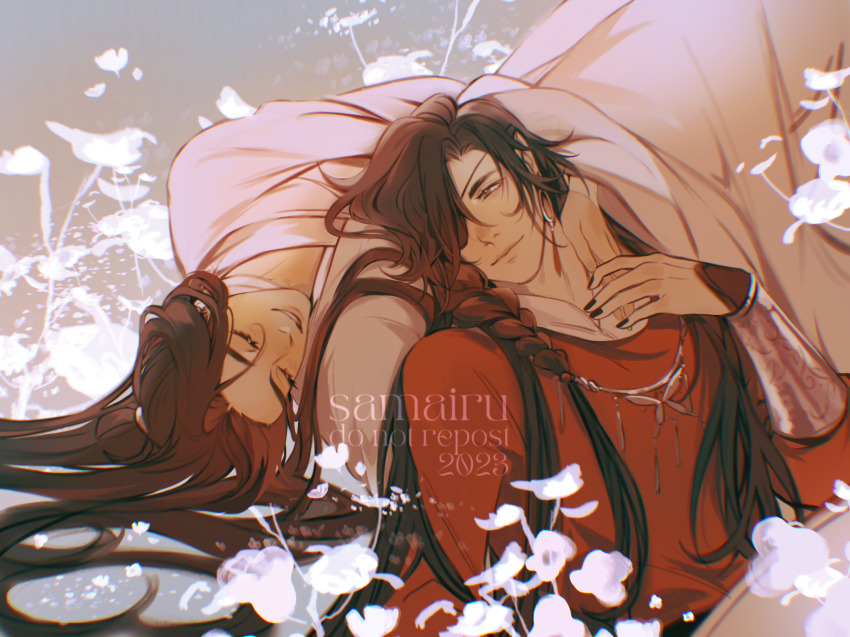 2boys, artist_name, bandaged_neck, bandages, bishounen, black_nails, bracer, brown_hair