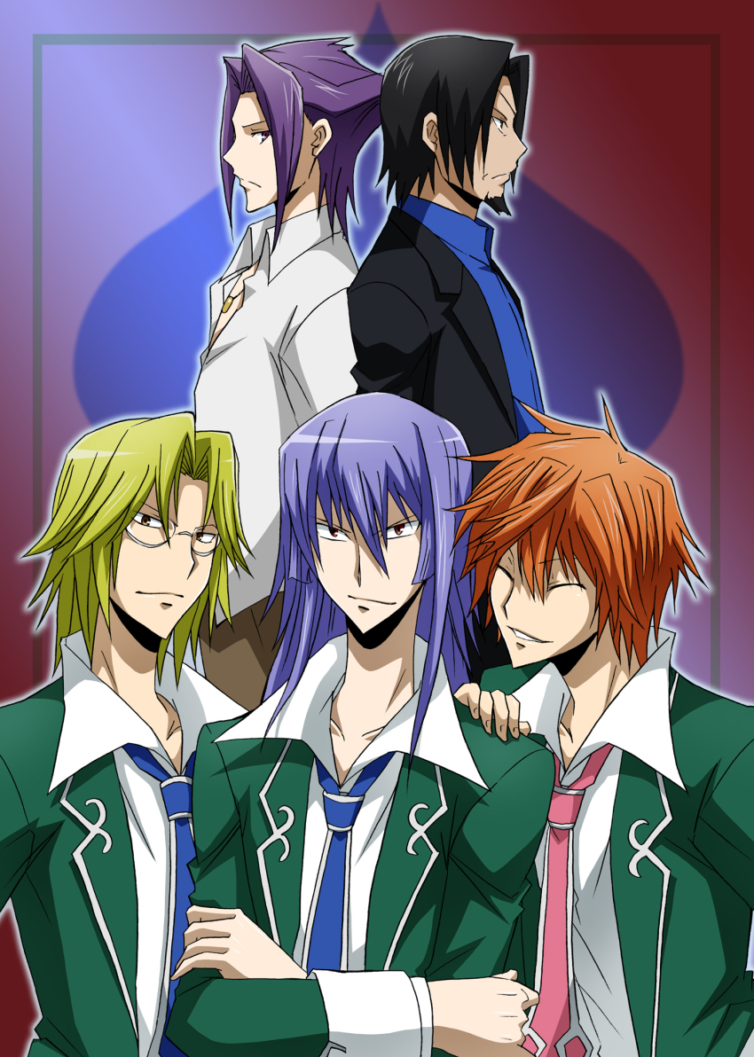 10s, 5boys, ace_(playing_card), back-to-back, black_hair, blonde_hair, blue_neckwear, bou_tsukihiko