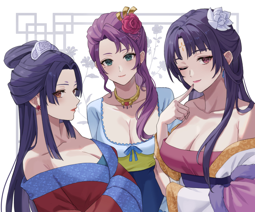 3girls, bare_shoulders, blue_dress, blue_eyes, blue_hair, breasts, brown_eyes, chinese_clothes
