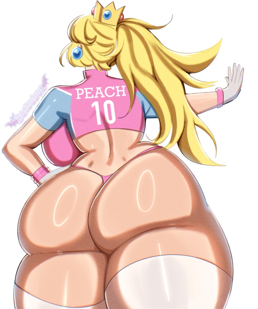 1girl, artist_name, ass, ass_focus, back, backboob, batcubus, blonde_hair, breasts, closed_eyes, crown, earrings, gloves, hand_on_own_hip, highres, huge_ass, huge_breasts, jewelry, legs, long_hair, mario_(series), mario_strikers_(series), multiple_girls, nintendo, official_alternate_costume, orange_hair, ponytail, princess_peach, smile, super_mario_strikers, thick_thighs, thighhighs, thighs, thong, white_background