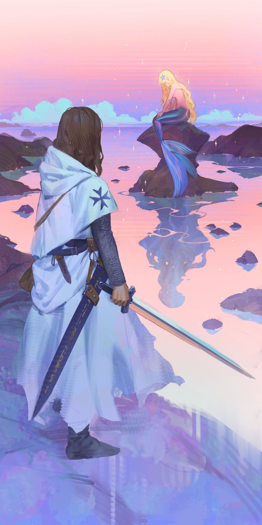 1boy, 1girl, absurdres, black_footwear, cloud, ddal, gradient_sky, hair_ornament