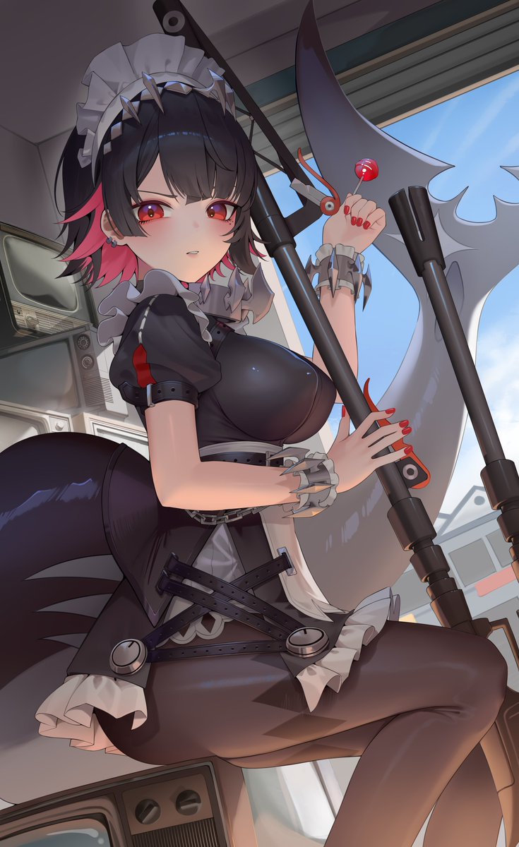 1girl, black_hair, blush, breasts, candy, colored_inner_hair, earrings, ellen_joe