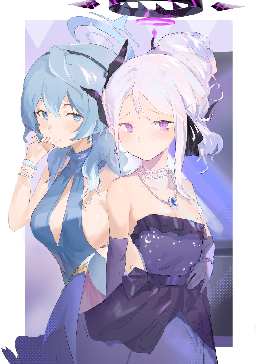 2girls, absurdres, ako_(blue_archive), ako_(dress)_(blue_archive), black_halo, blue_archive, blue_dress, blue_hair