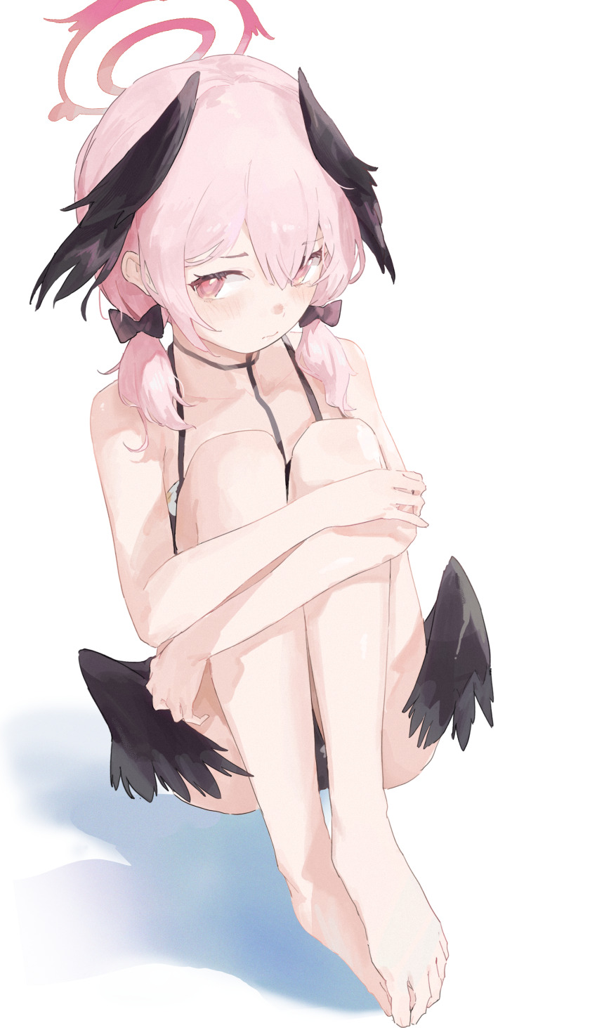 1girl, absurdres, barefoot, bikini, black_bikini, black_wings, blue_archive, blush, closed_mouth, commentary_request, feathered_wings, full_body, halo, head_wings, highres, hugging_own_legs, knees_up, koharu_(blue_archive), koharu_(swimsuit)_(blue_archive), long_hair, looking_at_viewer, low_twintails, low_wings, milbi, official_alternate_costume, pink_eyes, pink_hair, red_halo, simple_background, sitting, solo, swimsuit, tattoo, twintails, white_background, wings