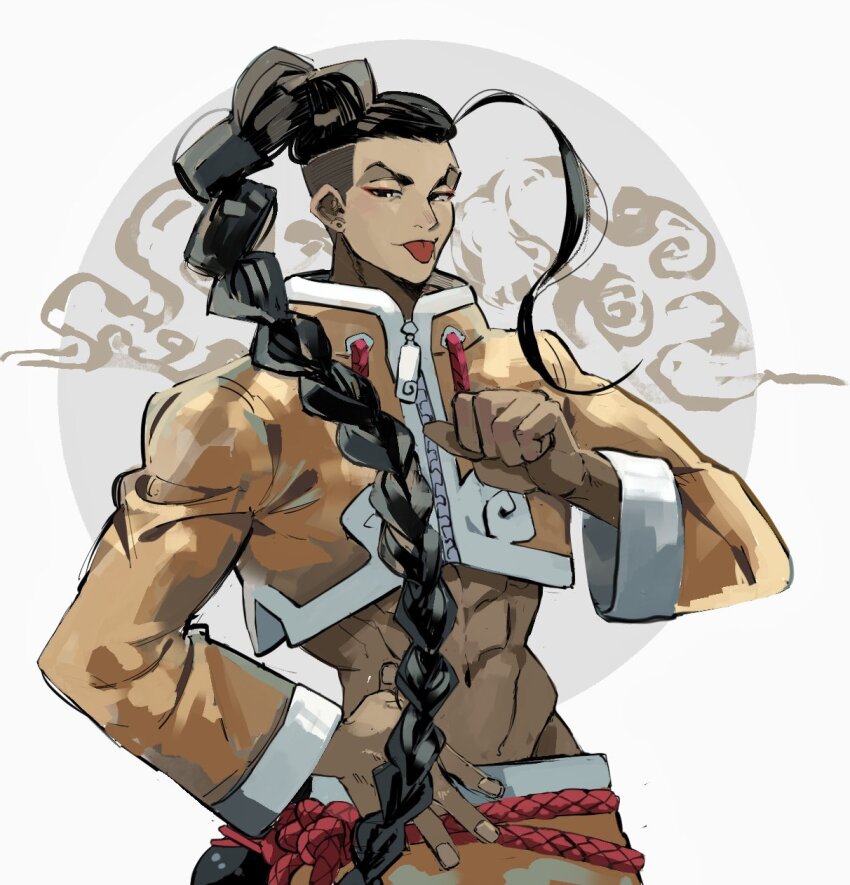 1boy, abs, belt, black_hair, braid, brown_eyes, chinese_clothes, circle