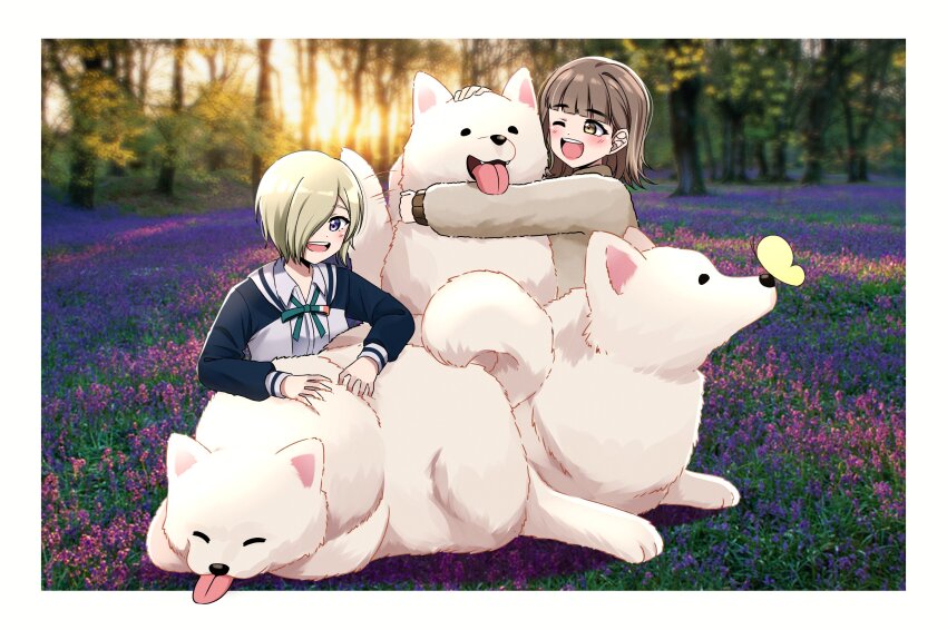 2girls, ;d, animification, black_sleeves, blonde_hair, blunt_bangs, border, brown_eyes