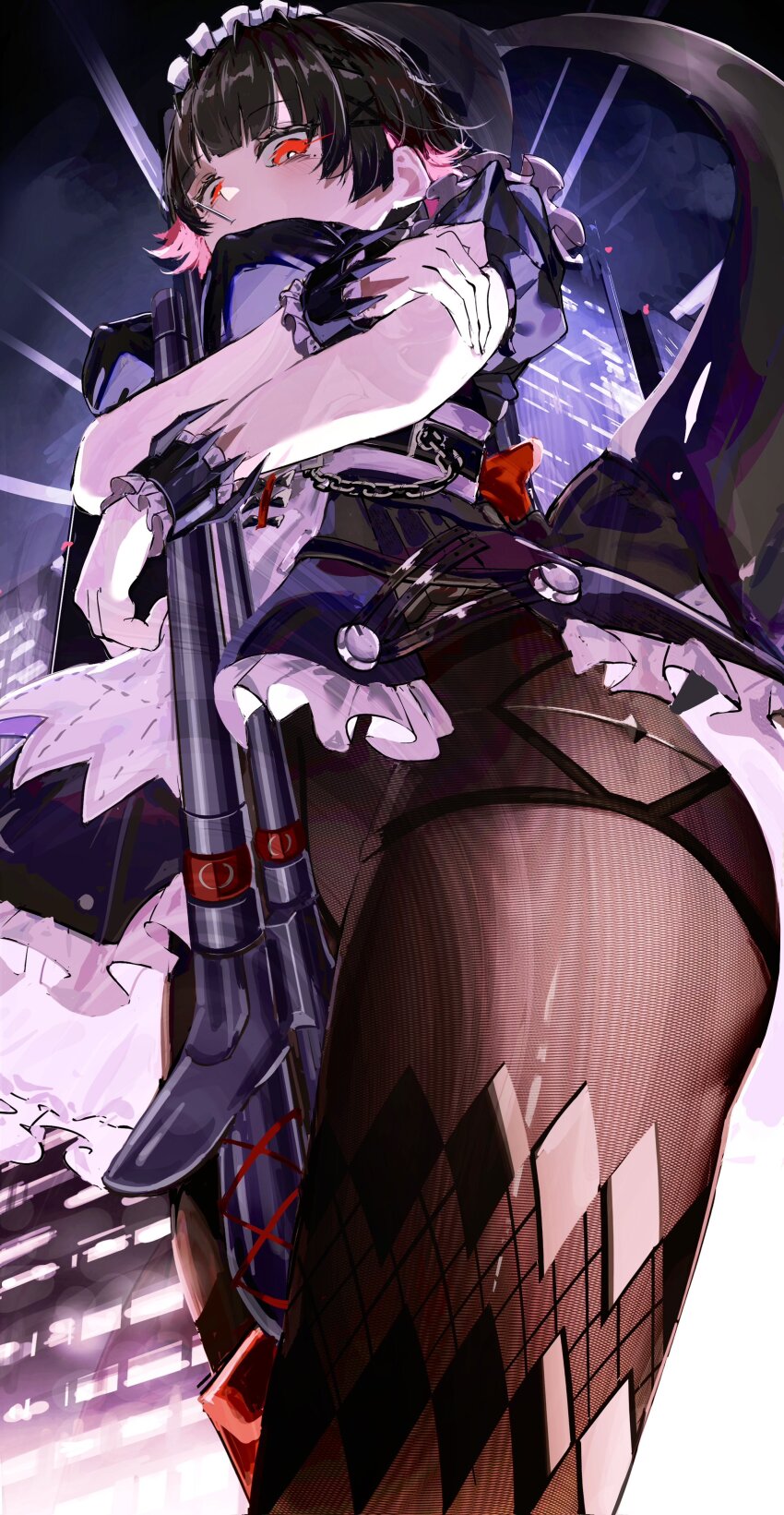 1girl, absurdres, black_hair, black_pantyhose, breasts, cityscape, colored_inner_hair, cowboy_shot